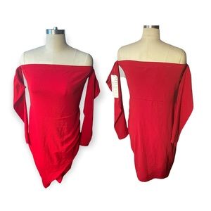 🔴Chíc red off the shoulder long sleeve asymmetrical midi dress